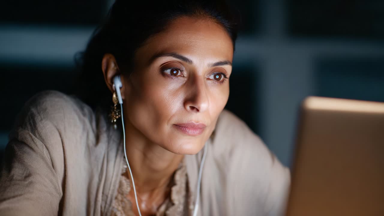 Donna concentrata impegnata in una sessione di lavoro o di studio notturna, che utilizza laptop e auricolari per assorbire informazioni da una fonte digitale, catturando un'intensa concentrazione e dedizione