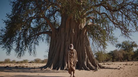 african elder standing under a large baobab tree in a dry landscape, showcasing the connection between humans and nature in the african savanna
