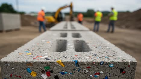 Innovative Construction Techniques: Utilizing Recycled Materials in Block Creation on a Building Site with Heavy Machinery Operations and Workers in Safety Gear