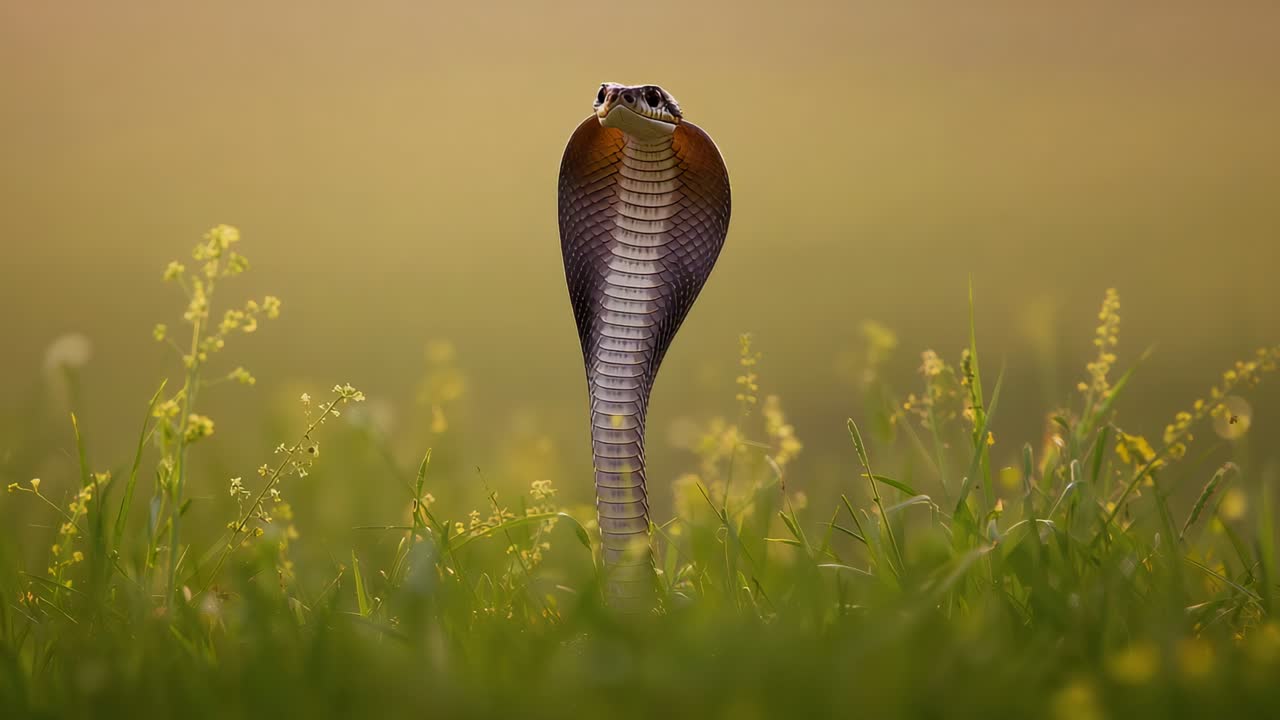 Detectando movimento, cobra de capuz se erguendo e mantendo-se em pé entre gramíneas baixas, afastando ameaças