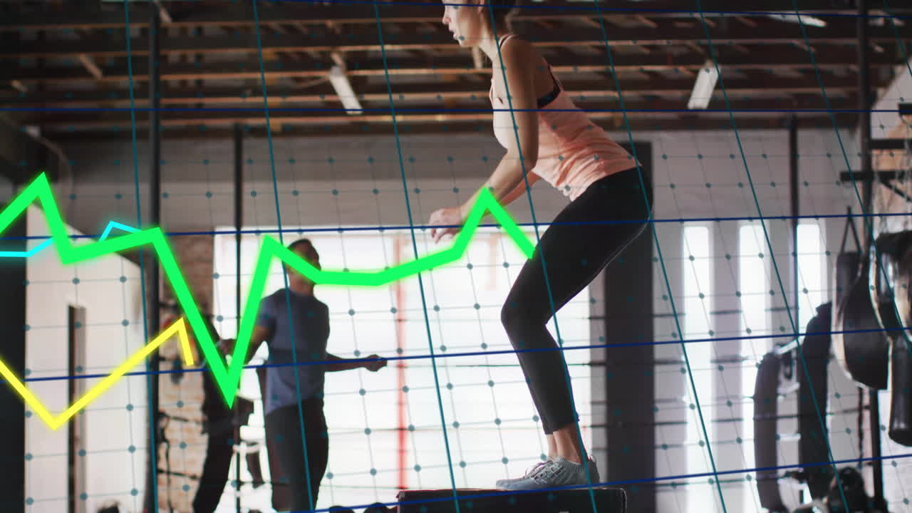 animación de diagramas sobre diversas personas que hacen ejercicio en el gimnasio