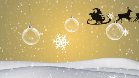 Animation-Des-Weihnachtsmanns-Im-Schlitten-Mit-Rentieren-über-Fallendem-Schnee-Und-Weihnachtskugeln