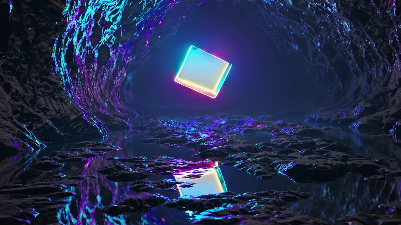 cubo brillante en una cueva oscura