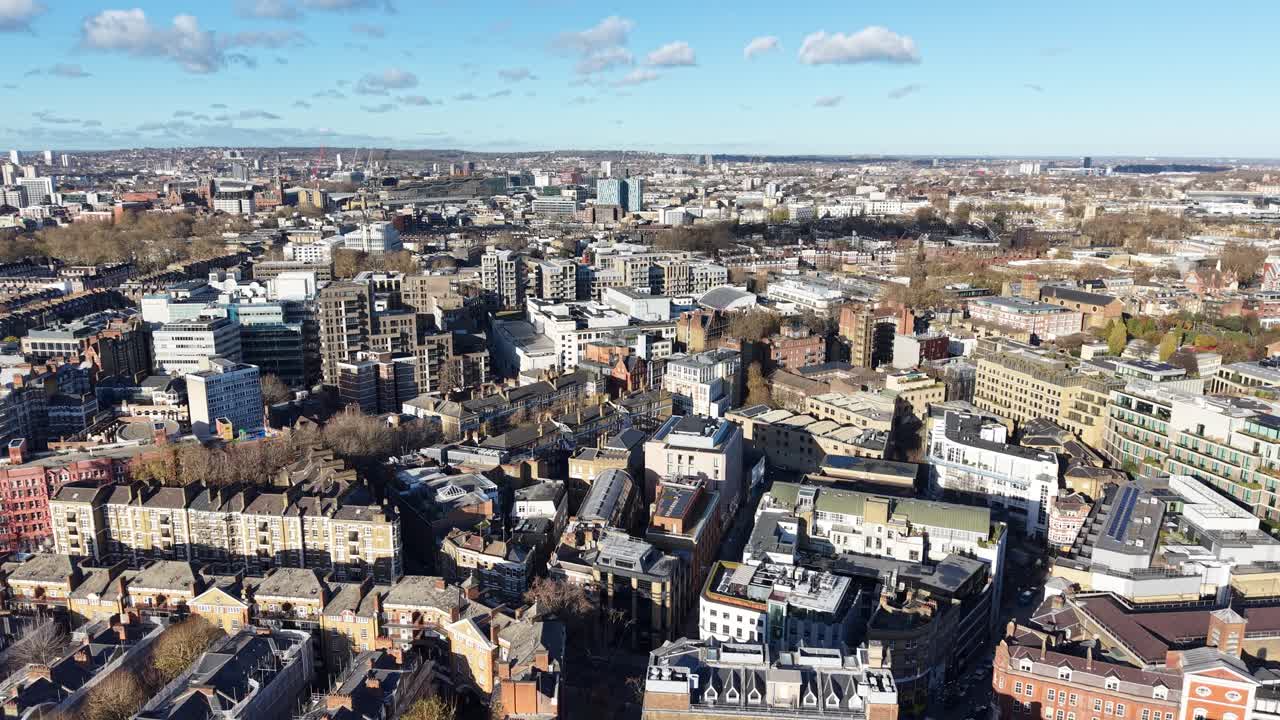 Central London houses, apartments and streets sunny day drone,aerial
