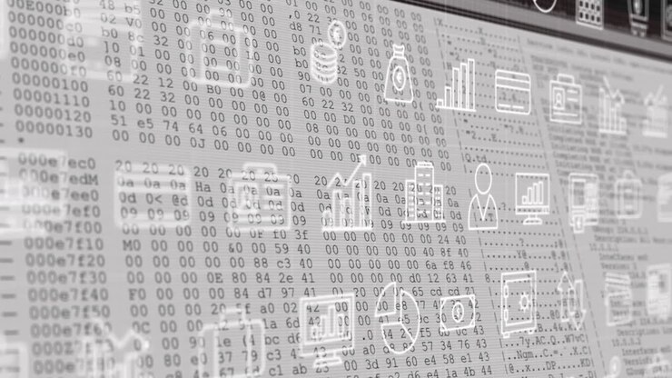 Animation of multiple digital icons moving over data processing against white background