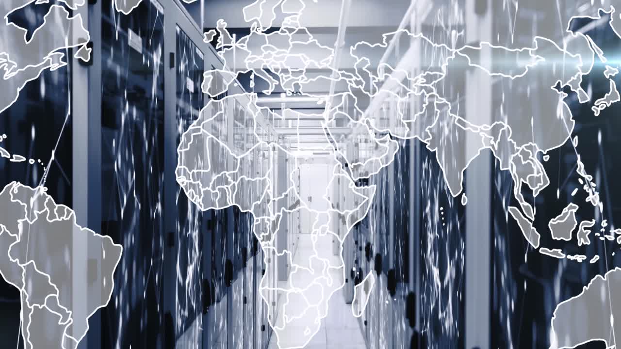 Animation of map and connected dots on server racks in server room