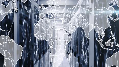 animation of map and connected dots on server racks in server room