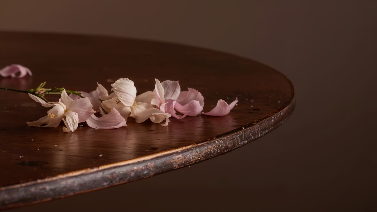 Petali rosa che si depositano e si spostano lentamente su un tavolo scuro in una stanza silenziosa, rivelando stelo e polline