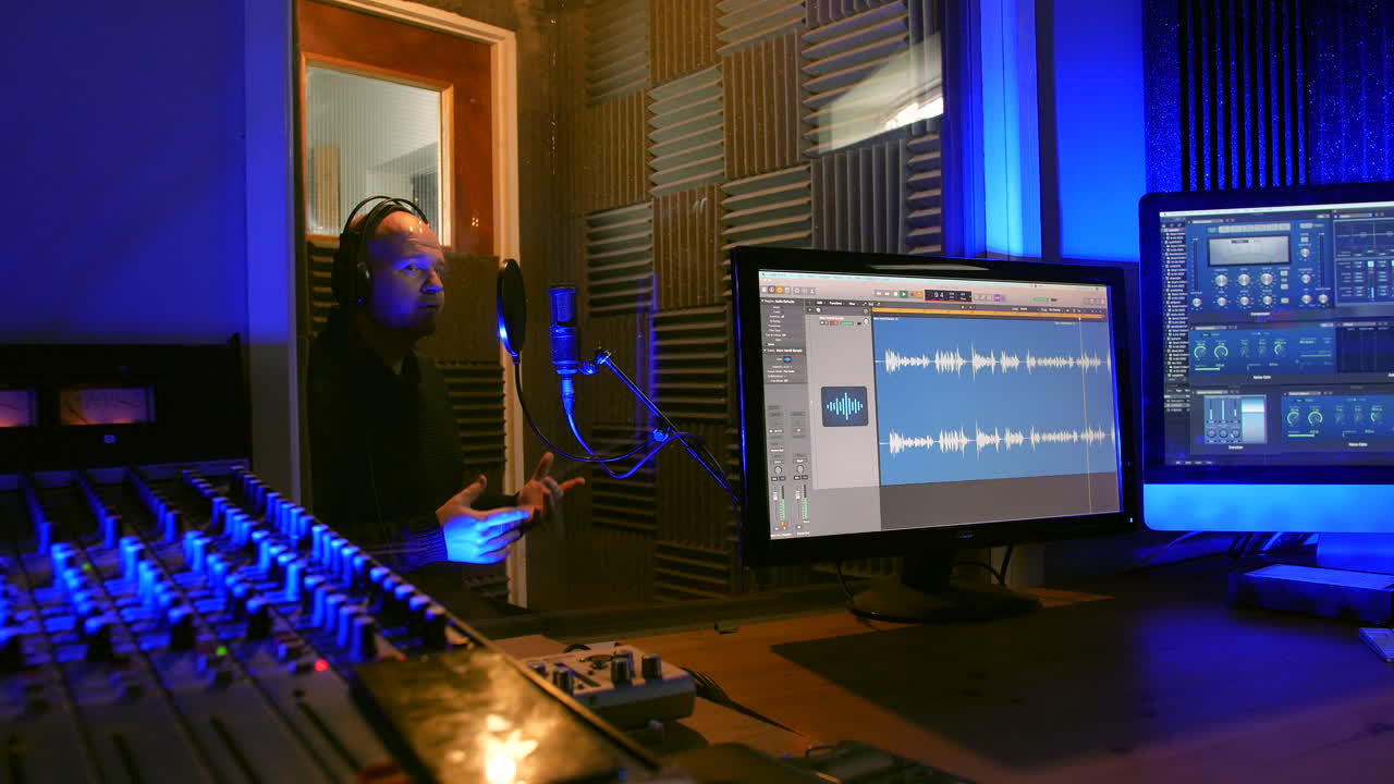 un hombre está grabando una voz en una cabina vocal de un estudio de grabación hablando en un micrófono con un escudo pop