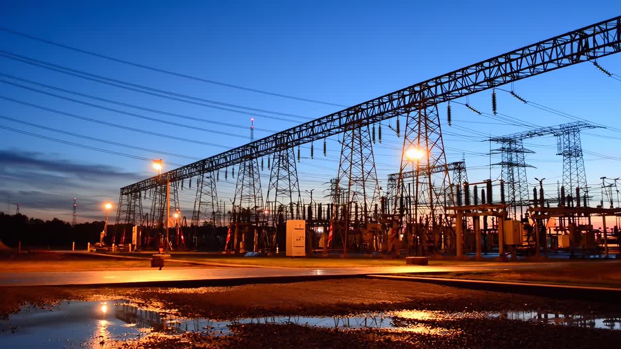 Vídeo grande angular de uma usina de energia industrial ao entardecer, capturando o céu vibrante e reflexos