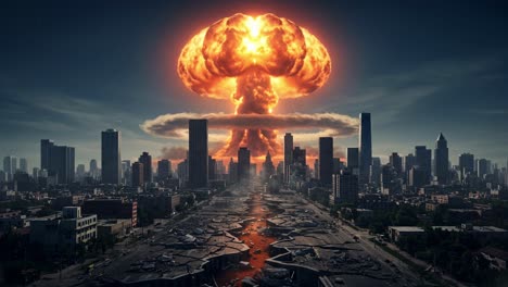 the city lies in ruins and chaos after a devastating nuclear explosion, with debris scattered everywhere under the harsh daylight