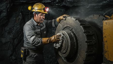 a dedicated miner performing maintenance on heavy machinery inside a dark coal mine, ensuring safety and efficient operation for future digging activities