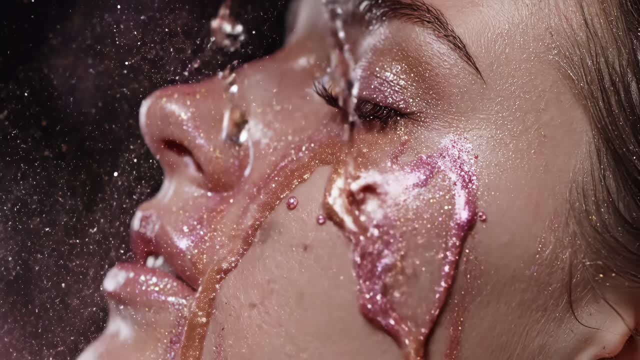 Close-up of Woman's Face with Glitter and Water