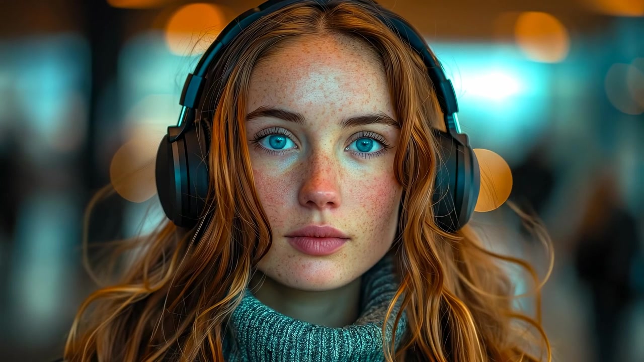 Close up portrait of freckled woman wearing headphones indoors. Headshot of a ginger woman with freckles and blue eyes wearing black headphones and a green knit turtleneck sweater.