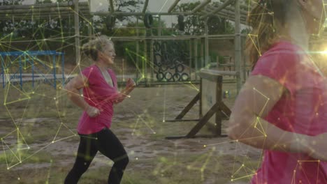 animation of shapes over diverse women at obstacle course running