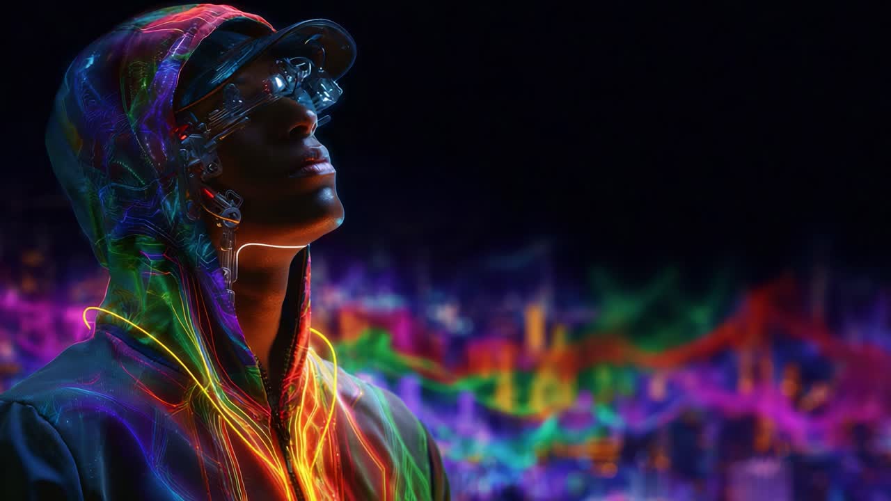 Futuristic Light-Infused Portrait of a Person Gazing Upward Amid Vibrant Neon Colors in a Night Cityscape Environment with Complex Visual Effects