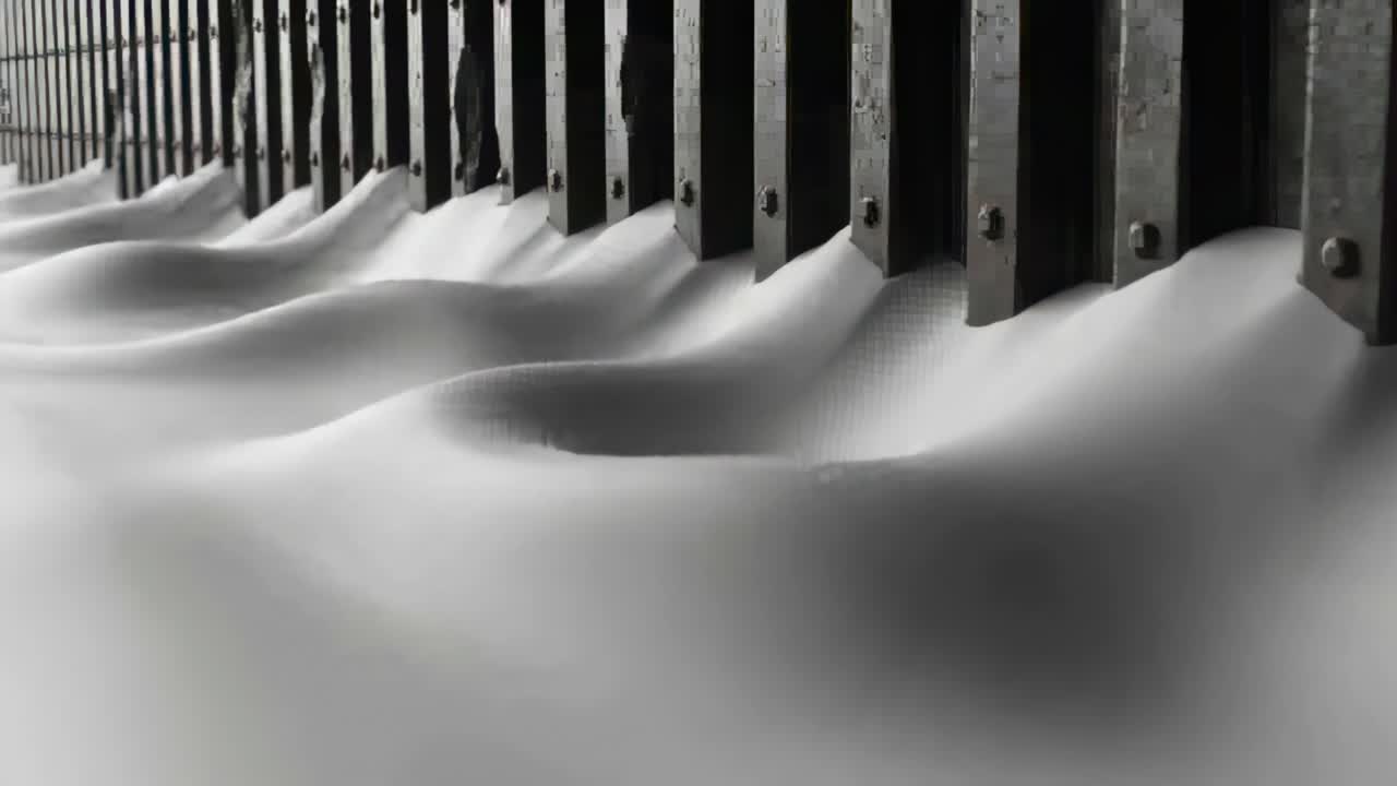 Forming white material piling bulging into wave crests at industrial base, with metal slats bolts