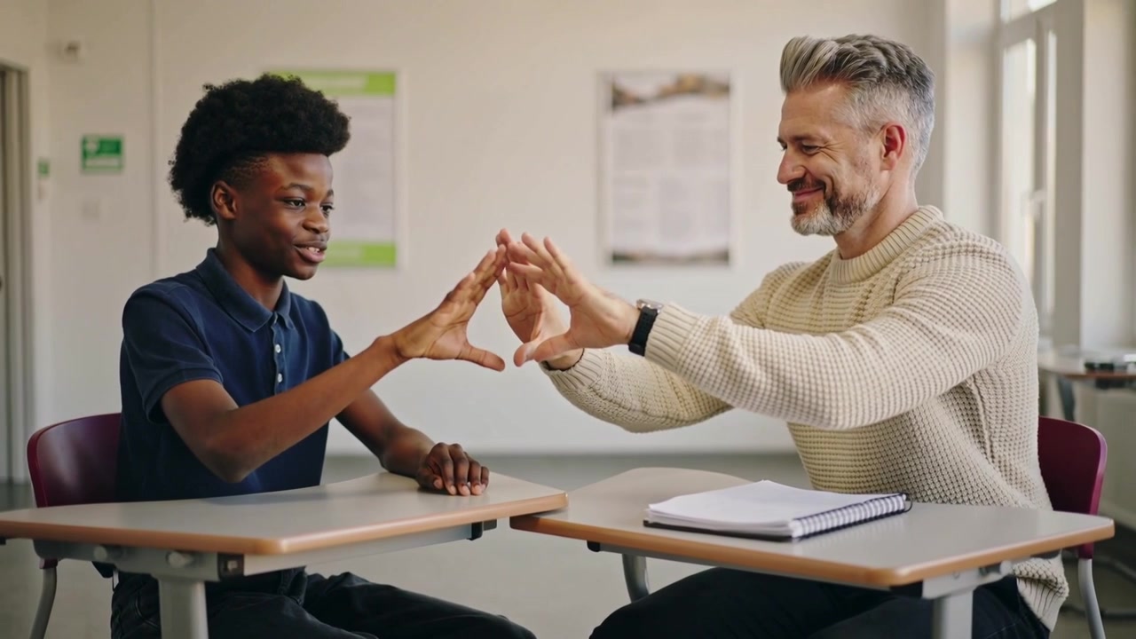 Reaching teacher guiding teen navy polo and mirroring, forming triangle at classroom desks notebook