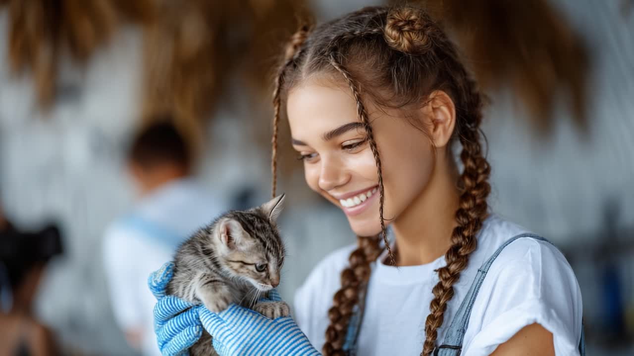 A Joyful Moment: A Young Woman in Gloves Cuddles a Cute Kitten, Radiating Happiness and Love in a Cozy Environment, Perfect for Animal Lovers and Pet Enthusiasts
