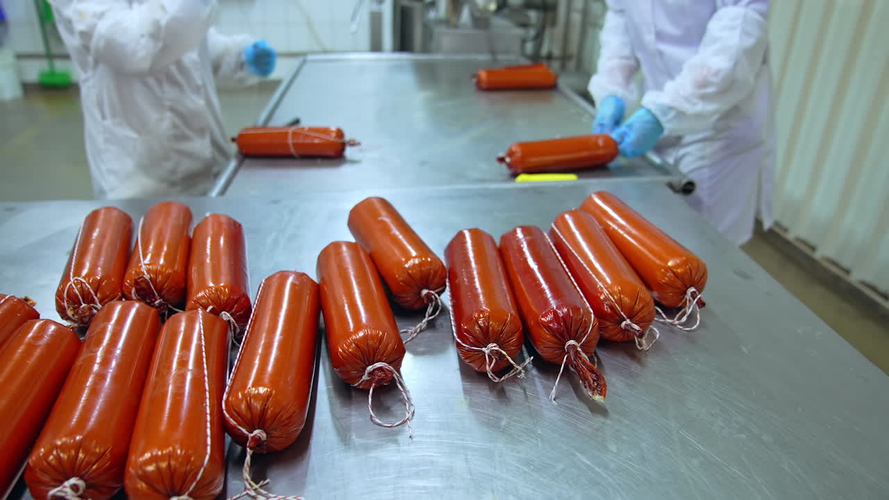 Ouvriers attachant des saucisses finies. Les ouvriers terminent la fabrication de la saucisse et la façonnent