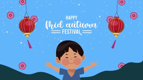 happy mid autumn festival animation with asian boy and lamps