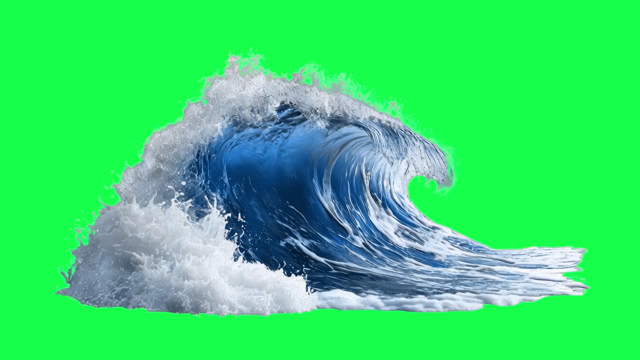Dynamic ocean wave splash animation, transparent 4K video, green screen