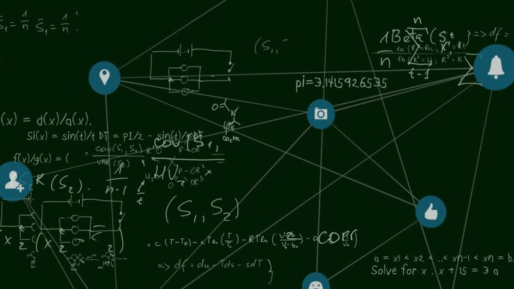 Animation of network of connections with icons over mathematical equations on black background