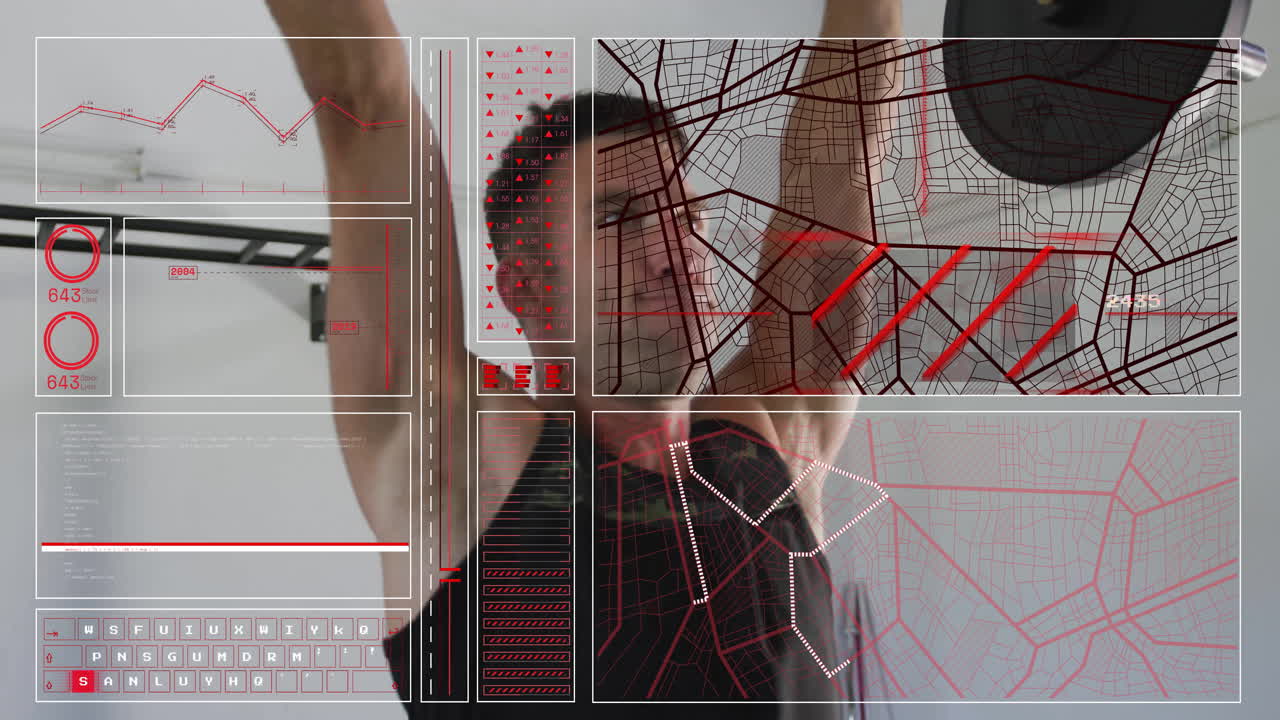 Exercising, man with futuristic data and animation graphs overlaying his movements