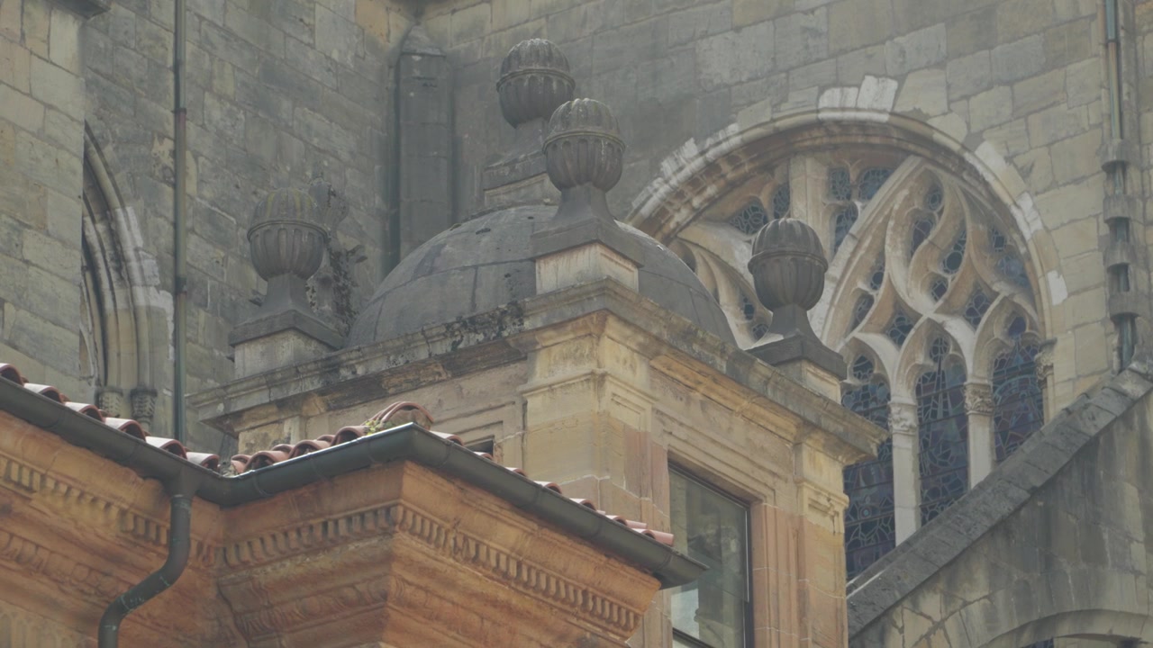Dettaglio architettonico della facciata della Cattedrale di Oviedo e del giardino Reyes Caudillos.