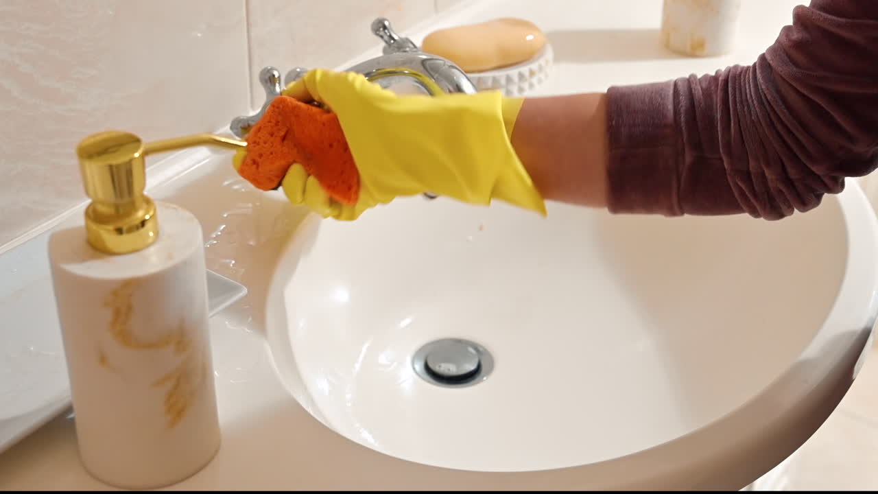 Woman in yellow, rubber gloves washing the bathroom sink with a sponge