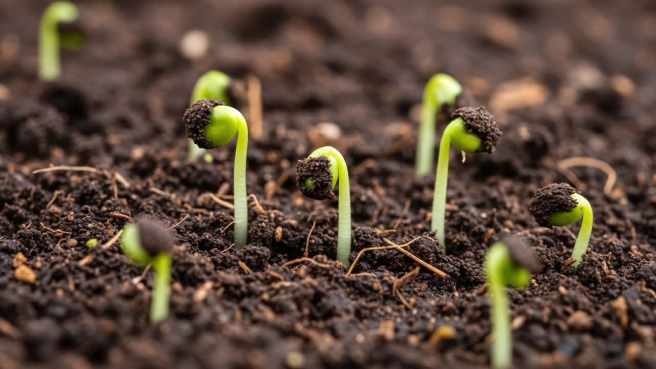 Growing Seedlings: A Journey from Germination to Sprouting in Soil, Showcasing the Beauty of Nature's New Life Emergence