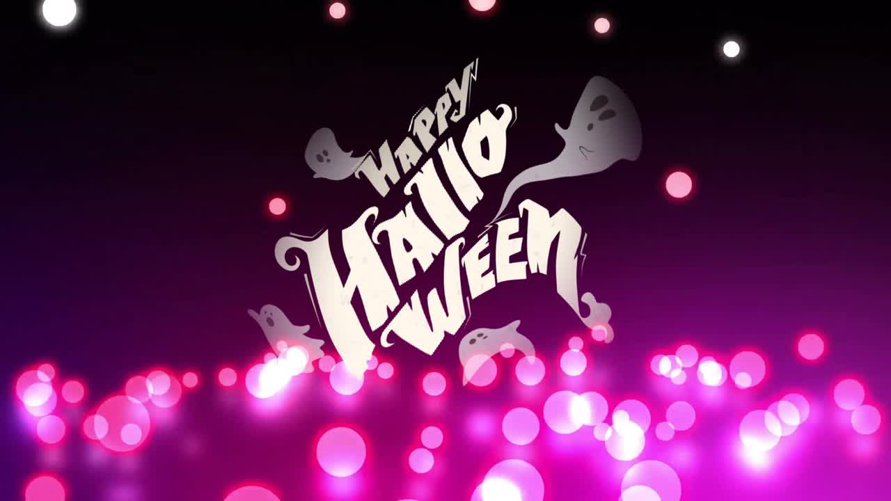 降る赤い斑点の上に「メリーハロウィン」の文字が重なるアニメーション。