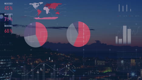 animación del procesamiento de datos financieros sobre el paisaje urbano