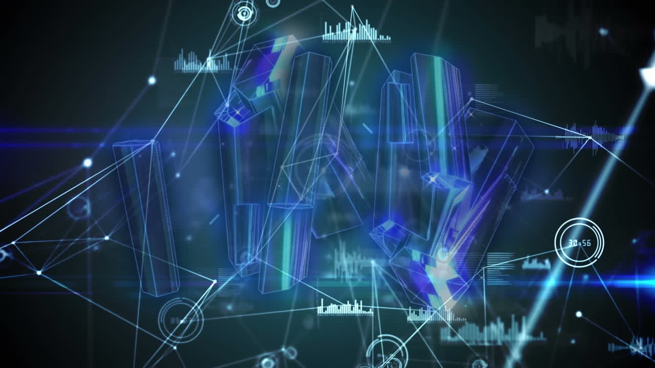 검은색 배경에 데이터 처리를 가진 연결 네트워크를 통해 크리스탈의 애니메이션.