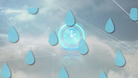 animation of clock moving fast over water drops and network of connections