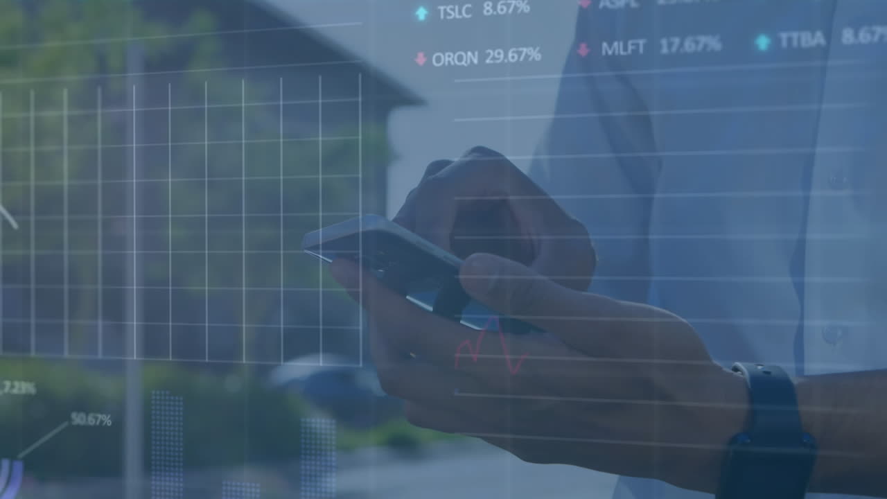 animazione dell'elaborazione dei dati finanziari su persone che utilizzano smartphone