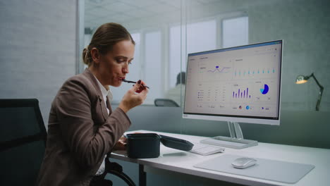 mujer de negocios analizando datos en una computadora en una oficina moderna