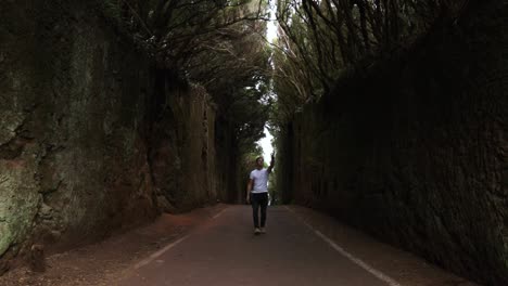 Person-is-looking-and-walking-around-with-his-hand-out-at-Camino-viejo-al-Pico-del-Ingles,-Tenerife