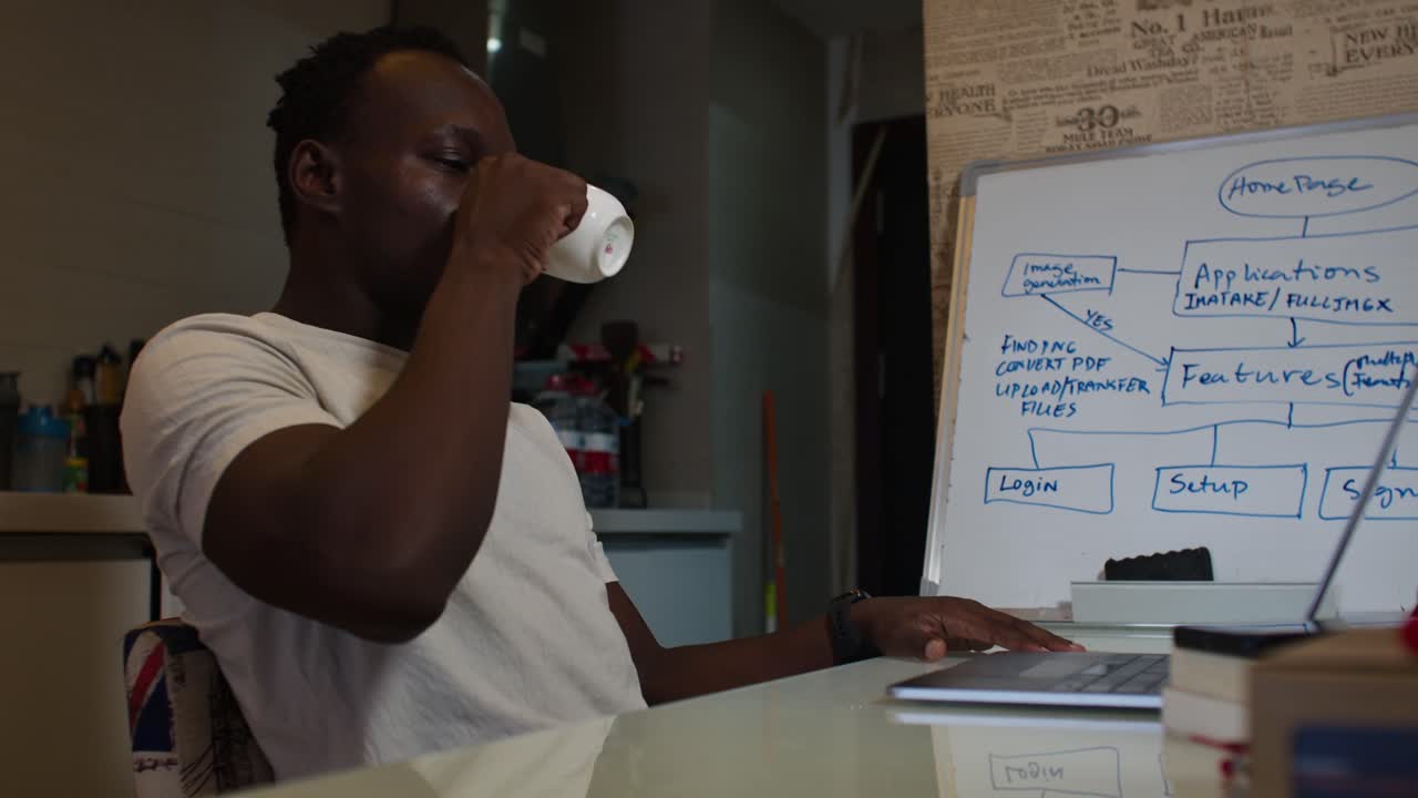Man pondering business ideas in office with a drink, whiteboard visible