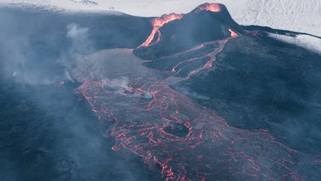 aerial at famous geldingadalsgos volcano erupting molten lava in iceland