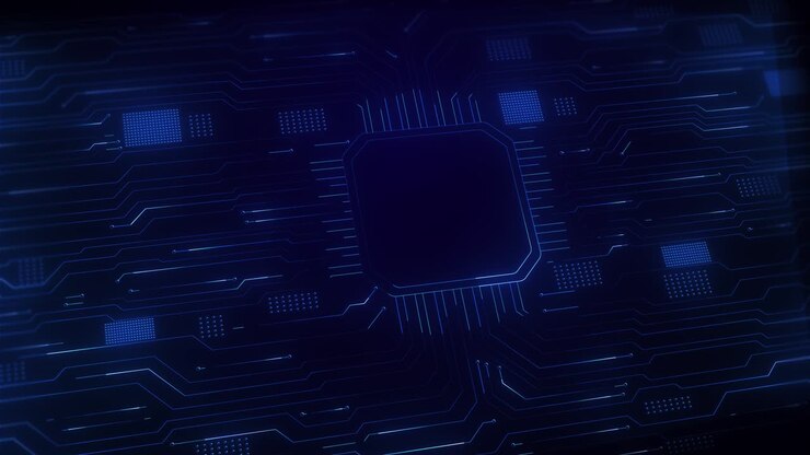 Animazione high-tech di un layout di circuito stampato blu luminoso per presentazioni tecnologiche e concetti di intelligenza artificiale.
