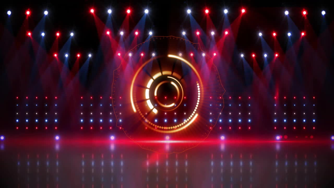 Colorful stage lights and circular digital interface animation over dark background