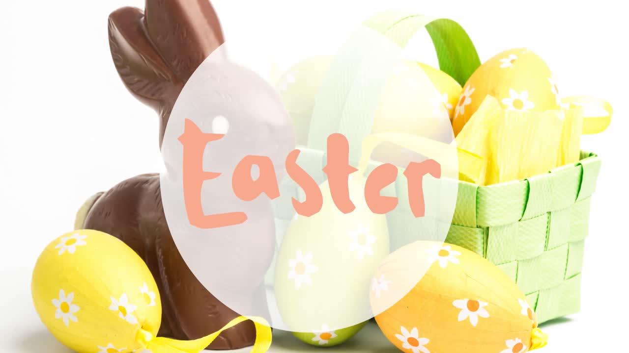Animation of easter text over chocolate rabbit and easter eggs