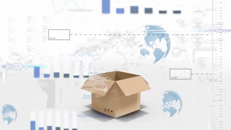 animation of graphs, globes, loading bars with changing numbers over open cardboard box