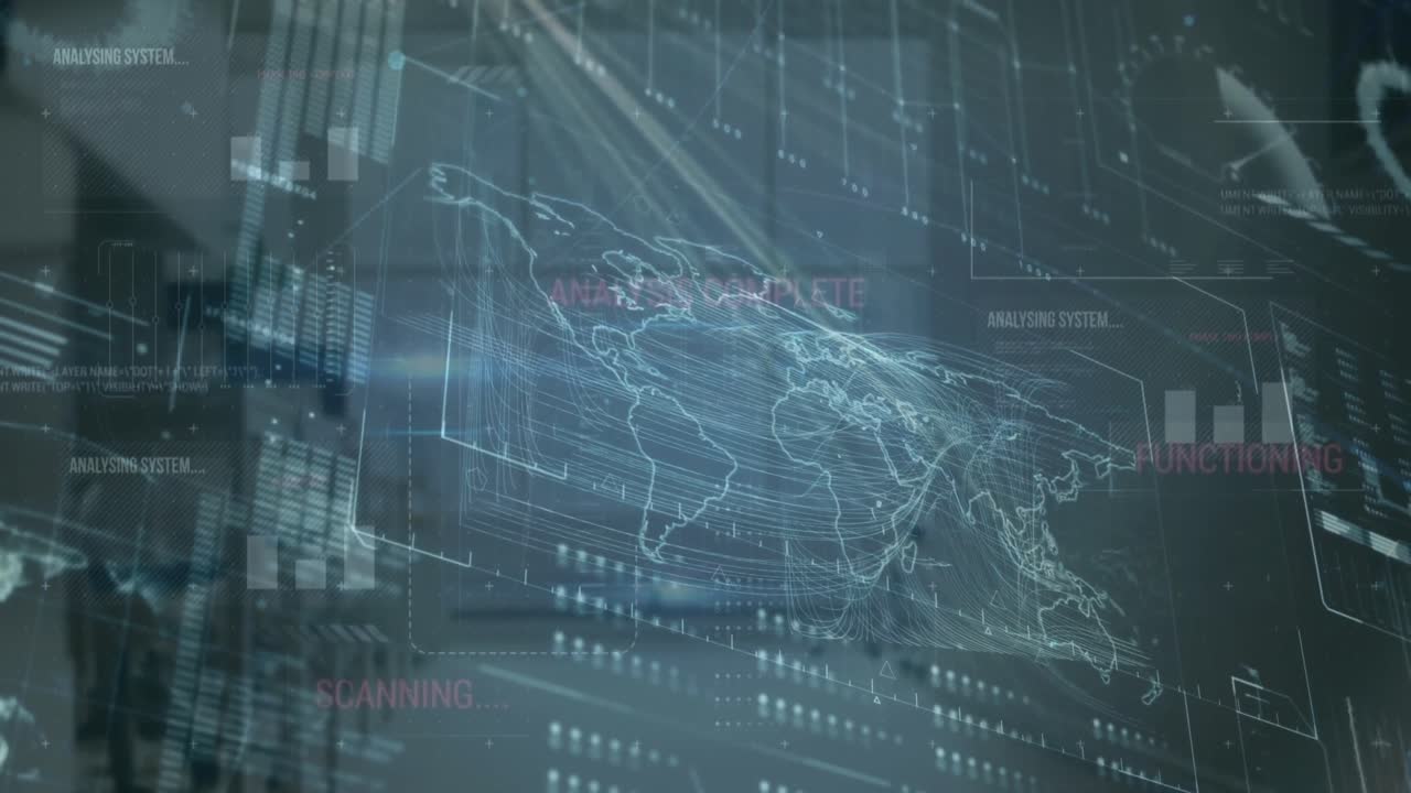 Animation of globe, map, loading bars, graphs and computer language over glass window in office