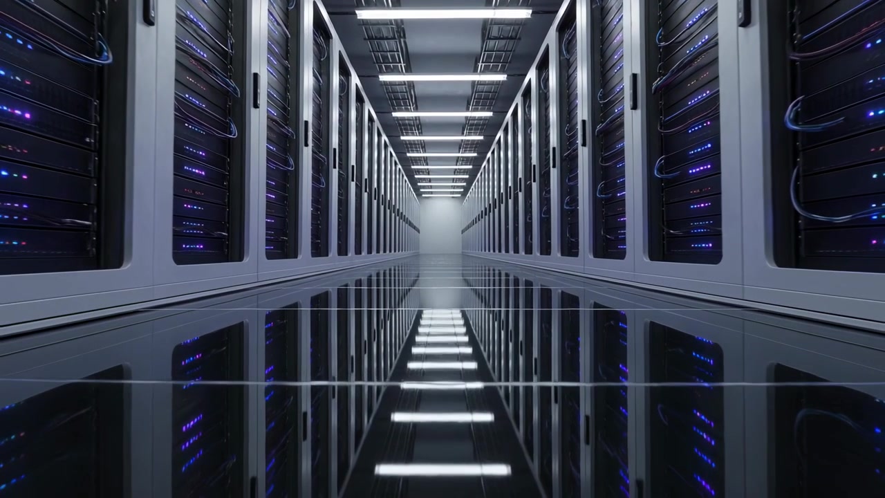 Glidende kamera afslører serverracks i et datacenter i en korridor, viser blinkende blå LED'er til overvågning.