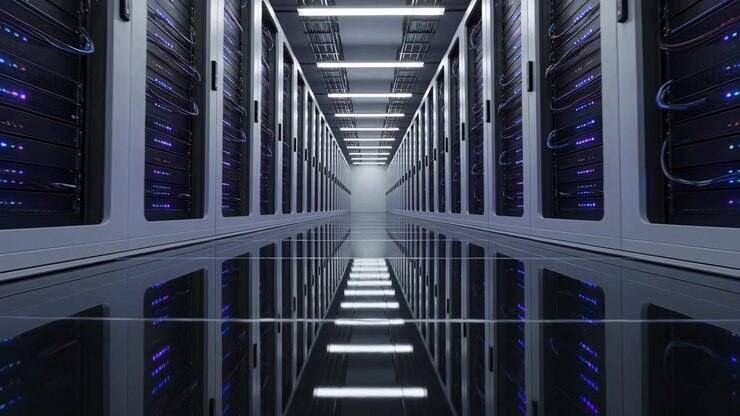 Glidende kamera afslører serverracks i et datacenter i en korridor, viser blinkende blå LED'er til overvågning.