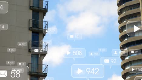 Animation-of-social-media-icons-and-numbers-on-banners-over-cityscape