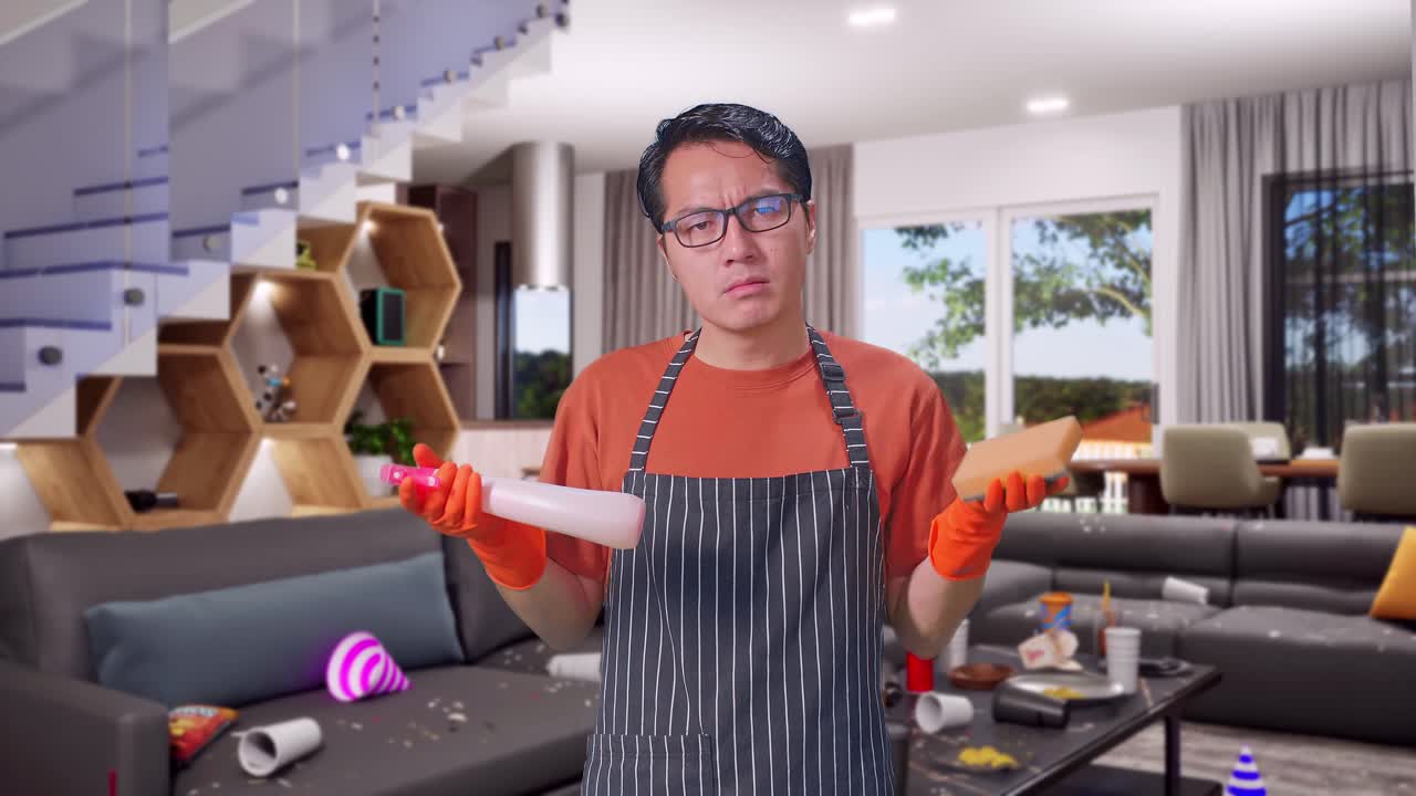 Puzzled Asian Male Housekeeper With An Apron Showing A Spray And Kitchen Sponge While Standing In House