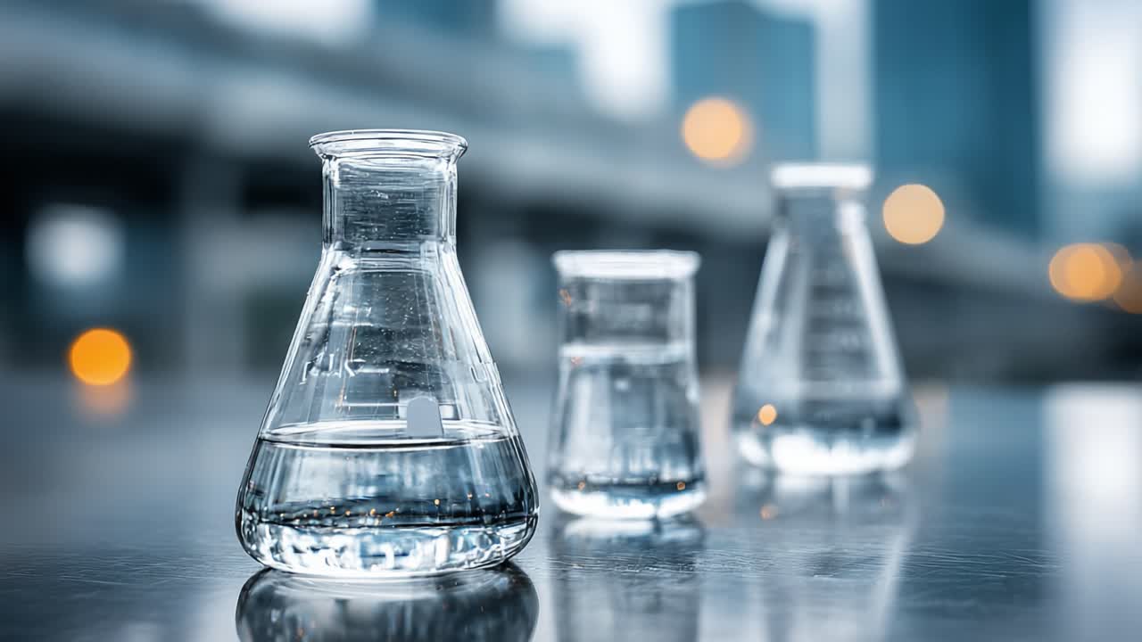 A Close-Up Perspective of Clear Laboratory Glassware Containing Liquid, Featuring Various Erlenmeyer Flasks and Beakers on a Reflective Surface with Blurred Urban Background